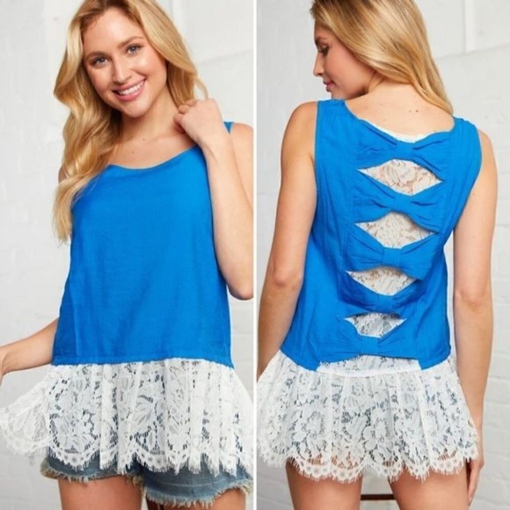 Blue Lace Back Bow Detail Blouse